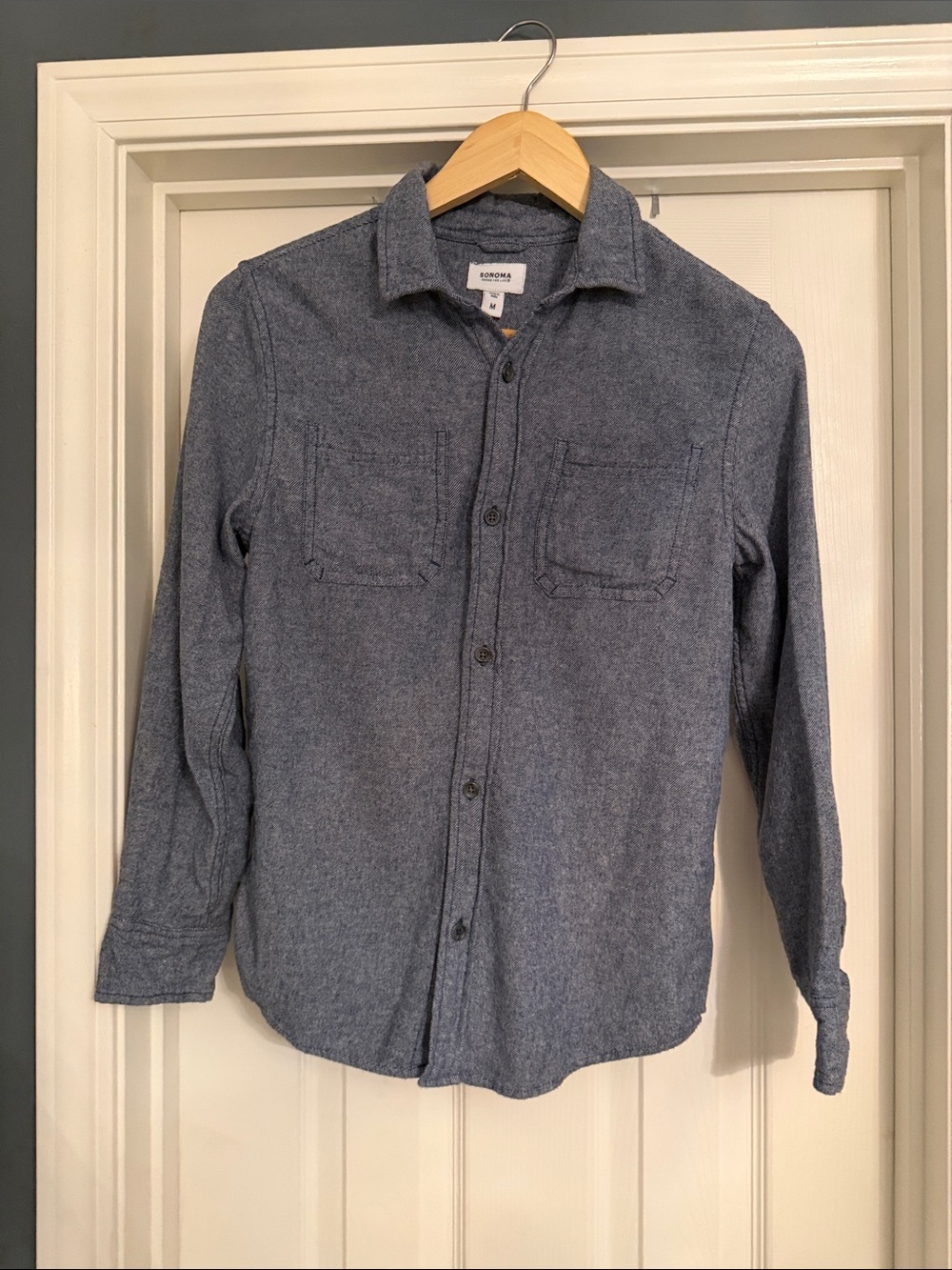 Sonoma Boy’s Heathered Denim Looking Navy Button-Down Long Sleeve Shirt
